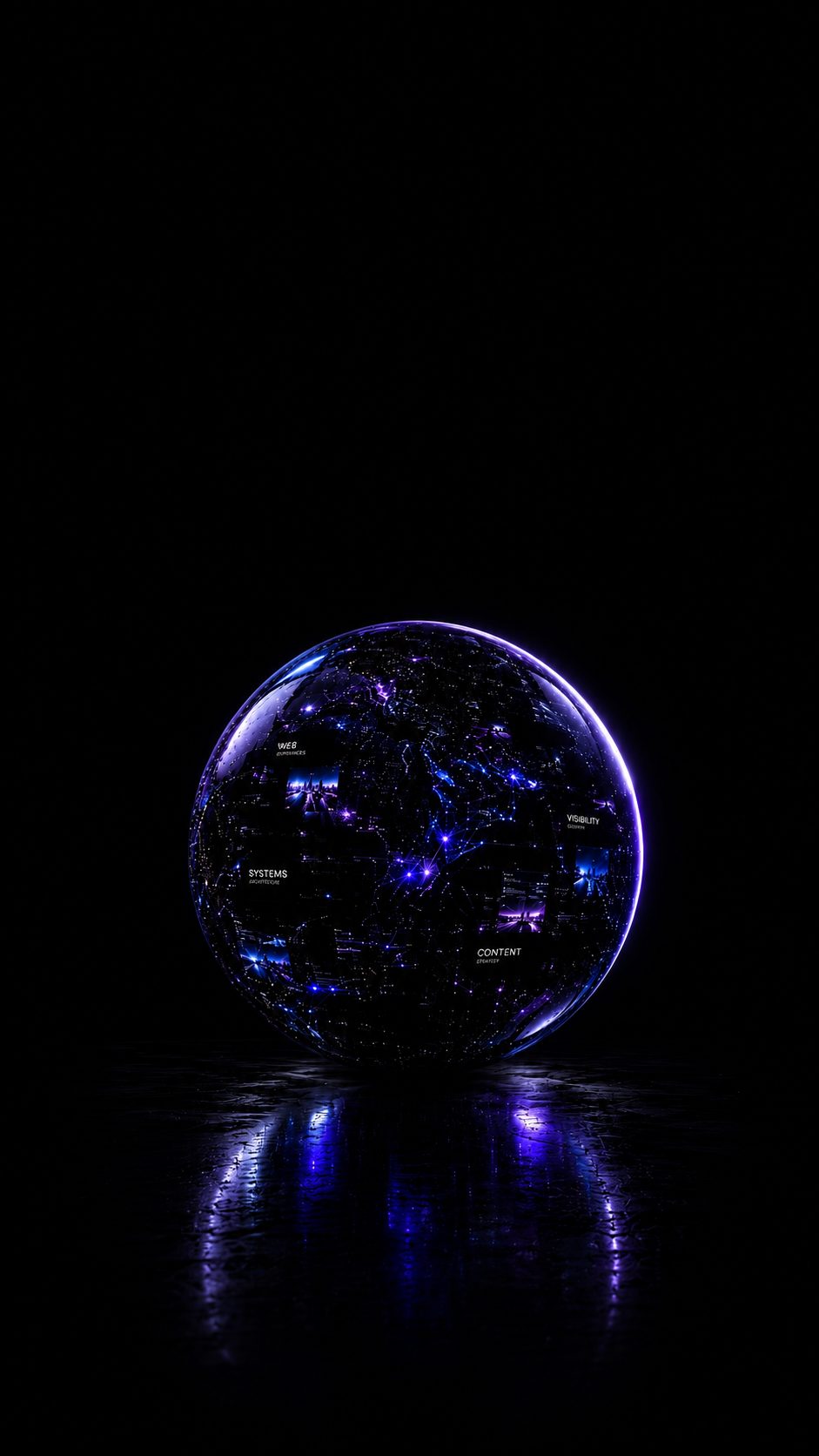Sphère digitale, reflets bleu-violet, symbole de l'écosystème digital d'une entreprise