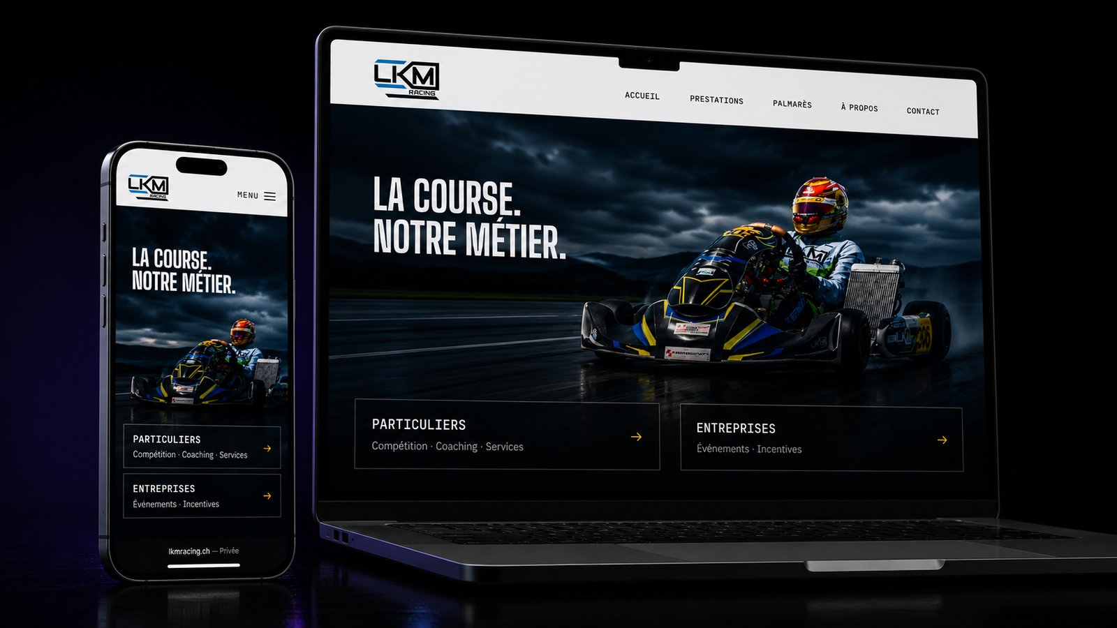 Site LKM Racing affiché sur ordinateur portable et téléphone